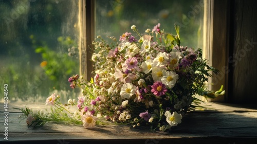 Rustic bouquet of wildflowers in sunlight through a window.