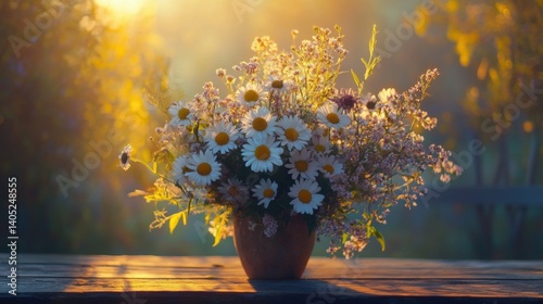 Obraz na płótnie A rustic bouquet of wildflowers in a terracotta pot, bathed in golden sunlight. w salonie