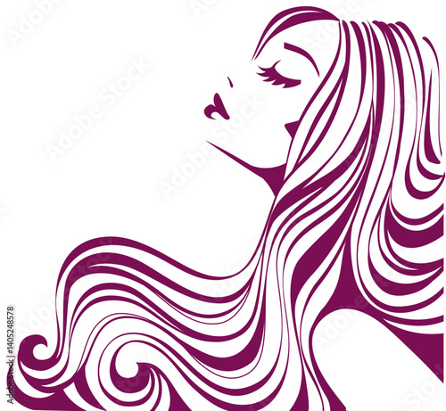 Beautiful girl with long thick wavy hair isolated on white. Beauty salon icon. Abstract lines hair. Vector stock illustration.