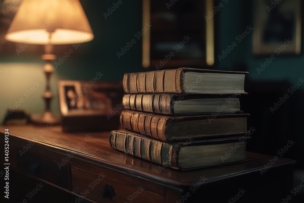 Stacked antique books on a dark wooden desk.