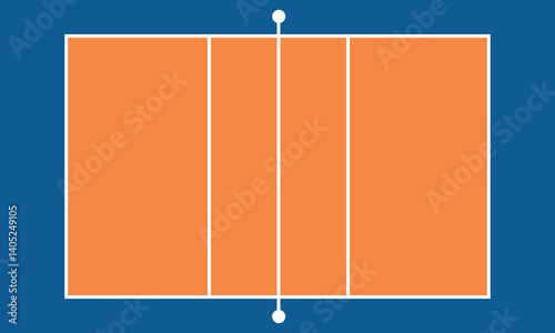 Minimal flat design of a volleyball court with orange playing area and white lines on a blue background, perfect for sports, athletics, training, and recreation themes.
