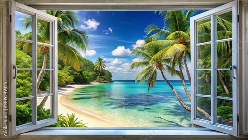 Fototapeta Naklejka Na Ścianę i Meble -  Tropical Beach View from Window: An idyllic tropical beach scene viewed from a window, showcasing swaying palm trees, crystal-clear turquoise water.