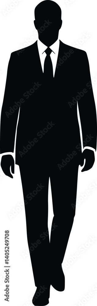 Silhouette of a professionally dressed person in a suit and tie, mid-step in a walking motion Silhouette of a professionally dressed person in a suit and tie, mid-step in a walking motion