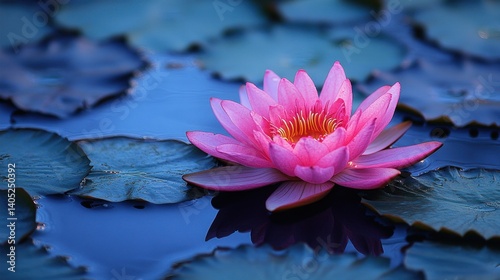 A vibrant pink water lily blooms serenely atop a pond of lush green lily pads, its reflection mirroring in the still water