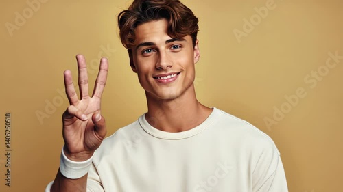 Young handsome smiling guy showing three fingers in a white jacket on a isolated Modern background