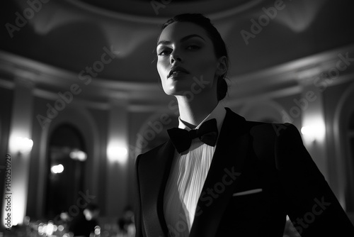 Stylish woman in a tuxedo at a gala.