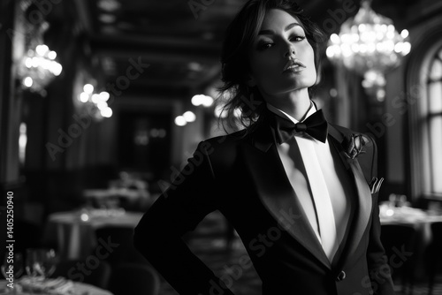 Obraz na płótnie Elegant black and white portrait of a woman in a tuxedo. w salonie