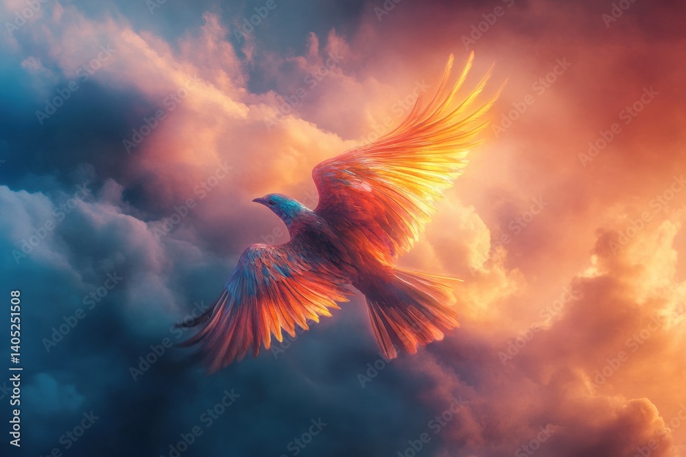 Fiery bird soaring through vibrant clouds.