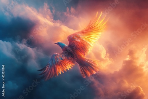 Obraz na płótnie Fiery bird soaring through vibrant clouds. w salonie