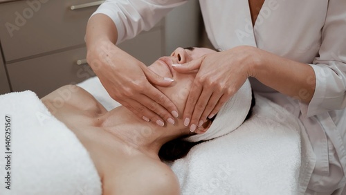 Принти на полотні Young woman lying on bed at spa salon and enjoying pampering facial massage