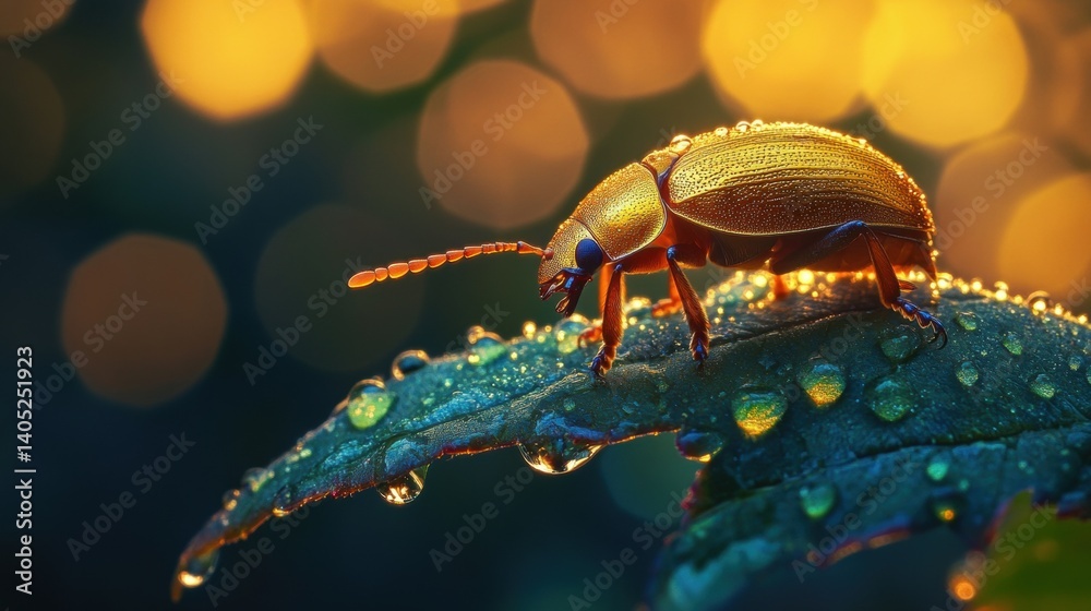 Golden beetle on a dewy leaf bathed in warm light.