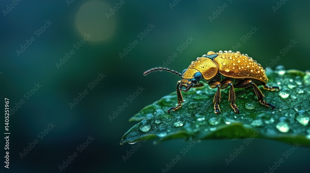 Golden beetle resting on a dewy leaf.