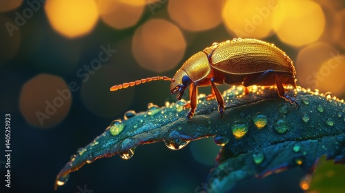 Golden beetle on a dewy leaf bathed in warm light.