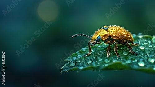 Obraz na płótnie Golden beetle resting on a dewy leaf. w salonie