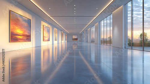 Spacious empty art gallery with white walls and large windows  modern interior design.