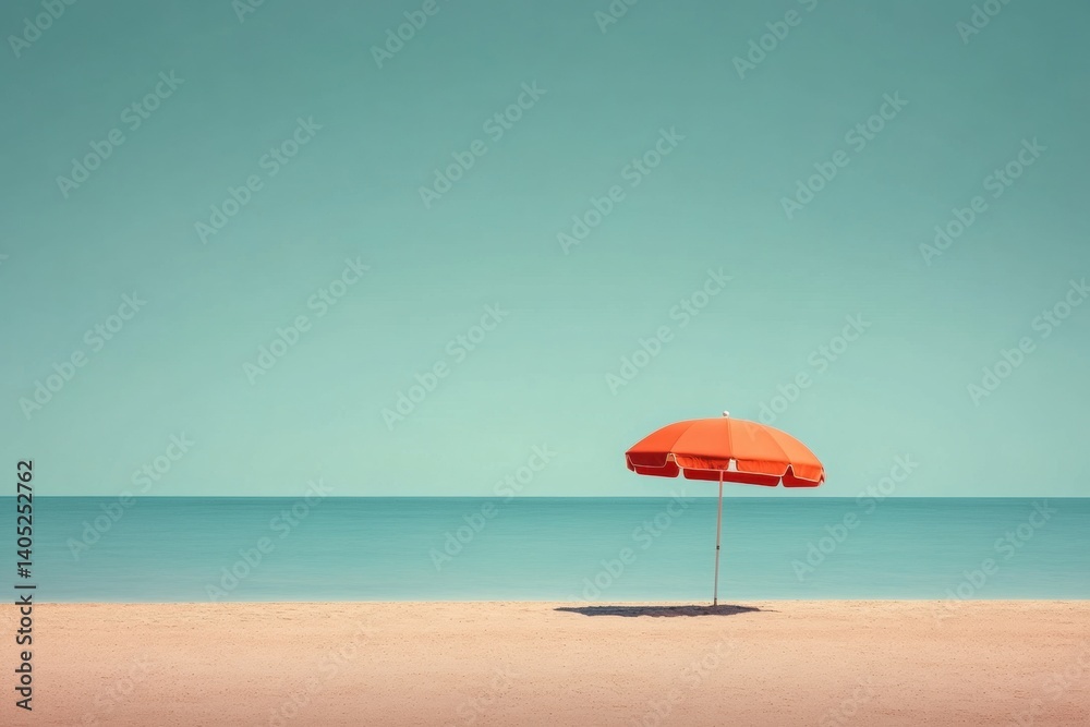 Tranquil beach scene under a vibrant orange umbrella.