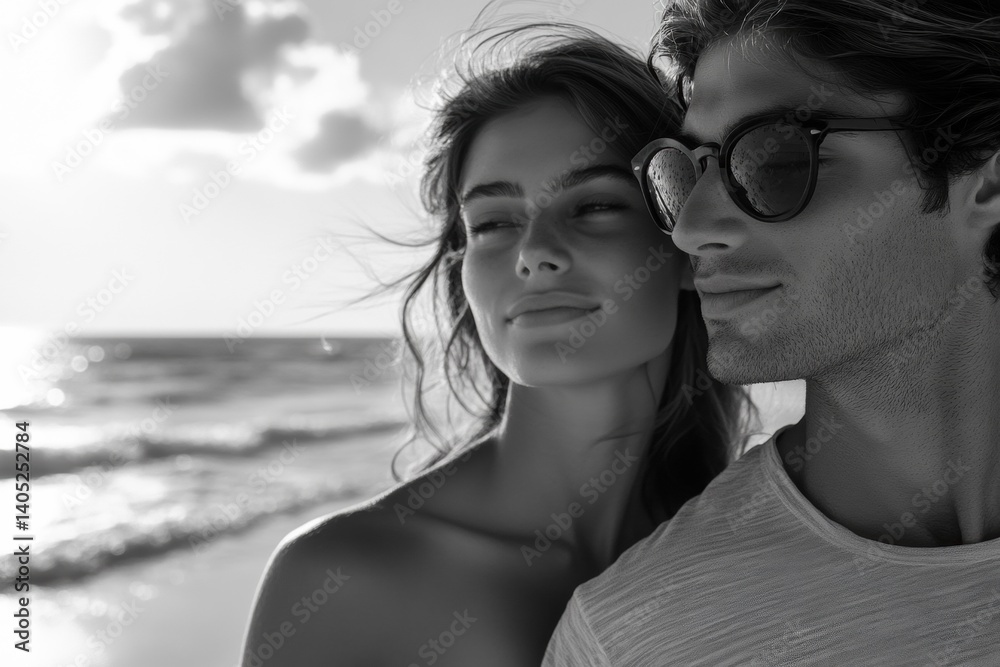 Couple embraces on a sun-drenched beach.