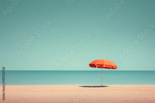 Obraz na płótnie Tranquil beach scene under a vibrant orange umbrella. w salonie