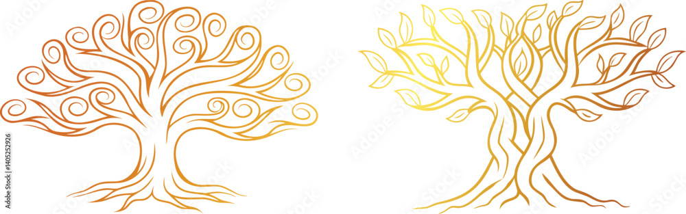 Fototapeta premium golden Tree with Intertwining Roots and Branches Line Art Vector | Decorative Nature Pattern Design
