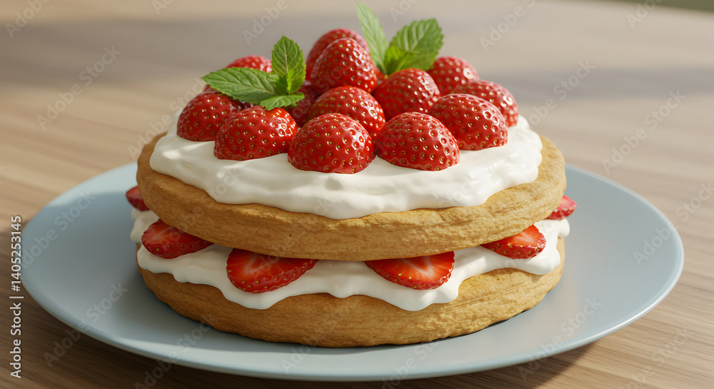 Delicious Strawberry Shortcake With Creamy Topping On A Blue Plate Ready To Eat