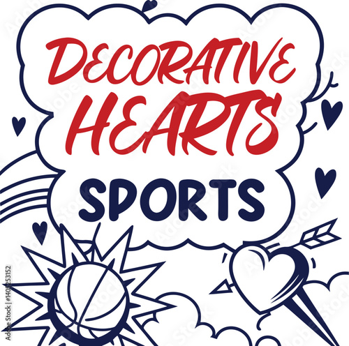 Decorative Hearts Sports , Minimalist design, Black and white, Sans-serif font, Stacked words, Graphic design, Artistic lettering, Geometric shapes, Contrast, Modern aesthetic, Clean lines, Adv