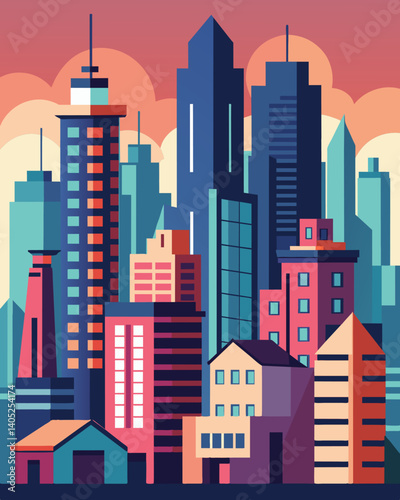 Skyscrapers and highrise apartments that tower over the cityscape housing thousands of residents in cramped quarters.. Vector illustration