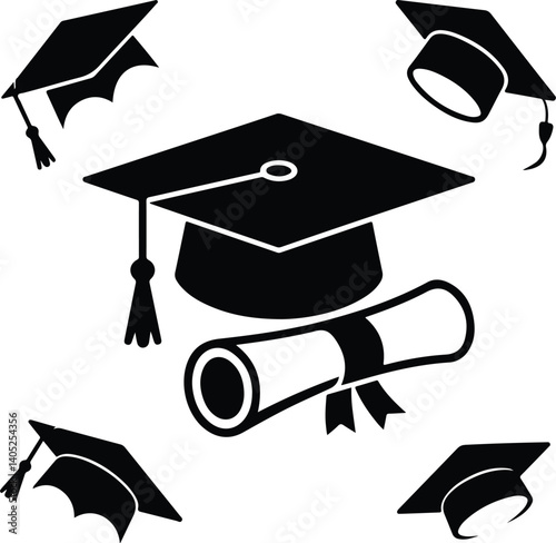 Graduation caps and diploma silhouettes, symbolizing academic achievement and success, perfect for education-themed designs.