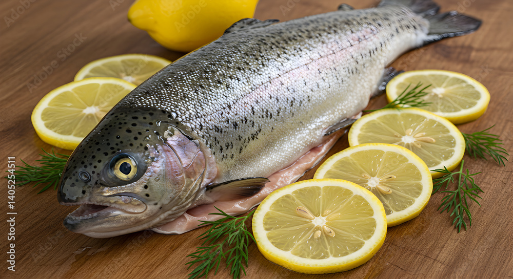 Fresh Rainbow Trout Served With Citrus Fruit On Wooden Surface Fresh Rainbow Trout Served With Citrus Fruit On Wooden Surface