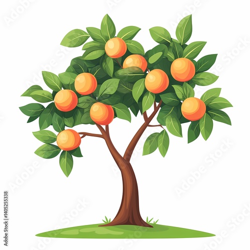 Orange Tree Illustration. Vibrant Citrus Orchard with Ripening Fruit in Natural Eco-Friendly Farm Setting