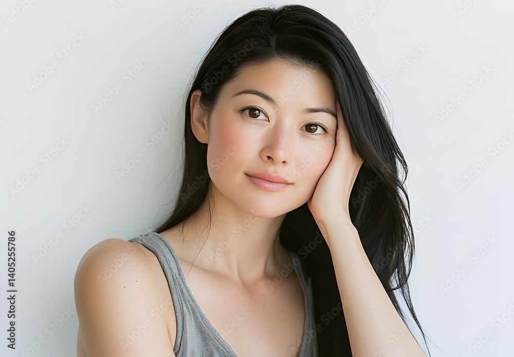 Portrait of young asian female with long black hair against white background Portrait of young asian female with long black hair against white background