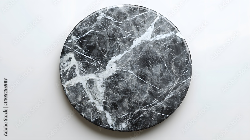 Round marble tabletop with white veins on gray background Round marble tabletop with white veins on gray background