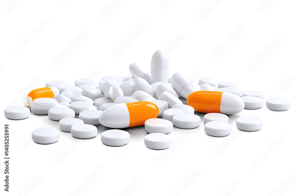 Medication Pills and Capsules: White and Orange Pharmaceutical Products Medication Pills and Capsules: White and Orange Pharmaceutical Products
