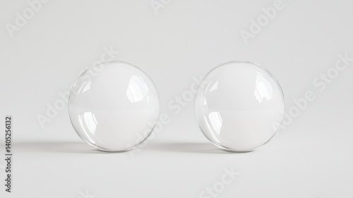 Two white spheres with reflective surfaces are positioned side by side against a plain white background.