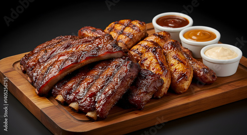 Delicious BBQ ribs and chicken with assorted dipping sauces on wood plate