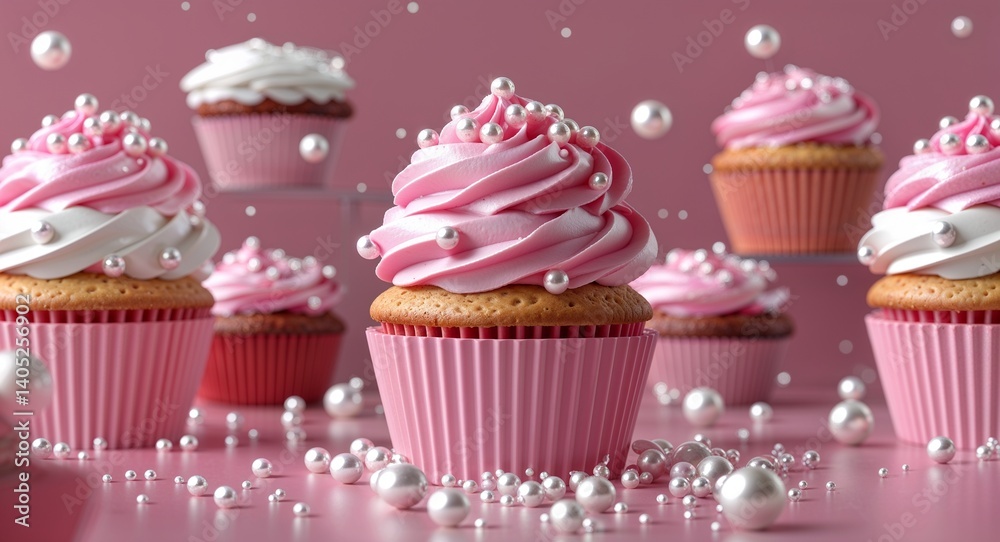 pink theme Cupcake with sugar pearls 3d render concept background design pink theme Cupcake with sugar pearls 3d render concept background design