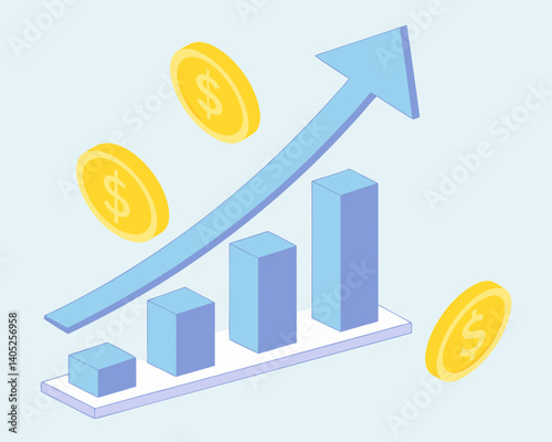 Financial growth chart with arrow and coins business investment and success diagram illustration concept