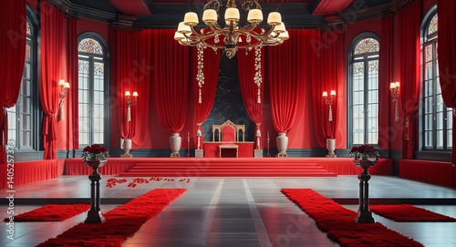 red theme ceremonial hall interior 3d render concept background design