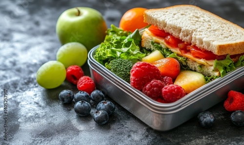 Healthy plastic school lunch box of sandwich, fruits and vegetables, plastic organic eating lunchbox for kids or break snack time concepts as wide banner with copyspace