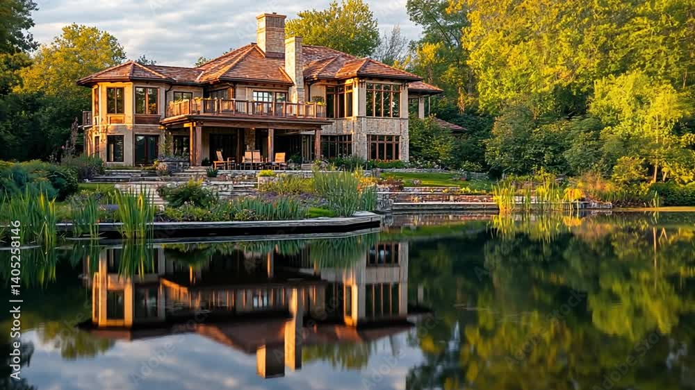 Lakefront Mansion Reflection: Serene Autumn Evening Lakefront Mansion Reflection: Serene Autumn Evening