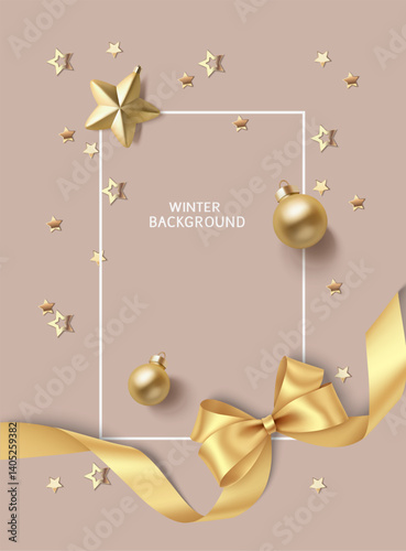 New Year and Christmas design template. Xmas brown background with decorative golden bow with long swirl ribbon, balls, star and gold star confetti. Vertical holiday frame. Vector stock illustration.