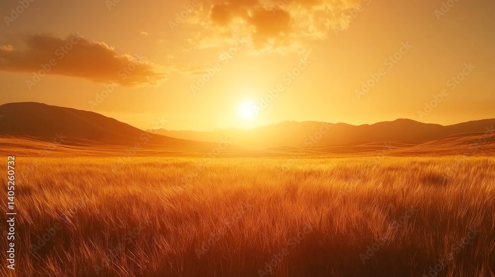 Obraz premium Golden sunset over wheat field with rolling hills and dramatic clouds
