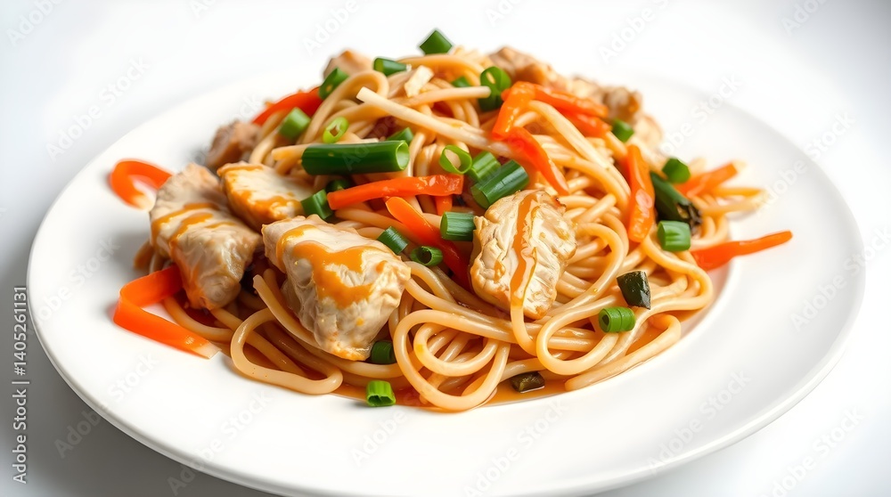 Chinese Chow Mein with Vegetables and Chicken in Light Sauce on a White Plate