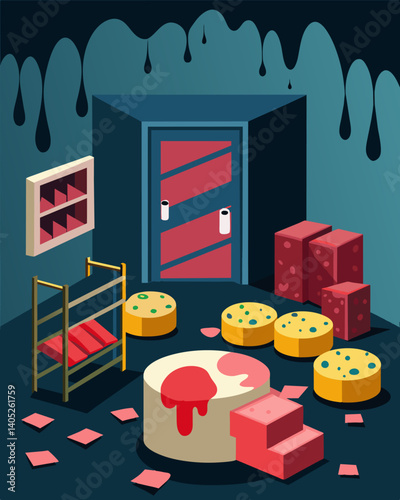 Inside the cold storage heaps of moldy cheese and spoiled deli meats sit neglected once meant to fill empty bellies.. Vector illustration