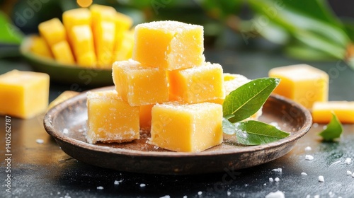 Close-up of traditional Indian mango burfi cubes plated on worn antique dish with festive accents