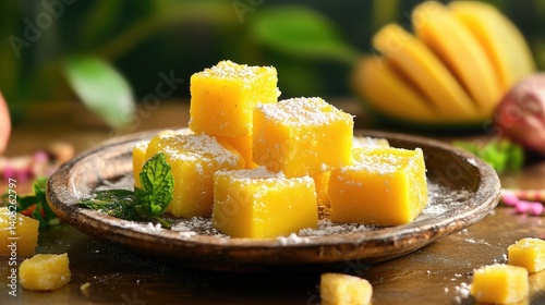 Close-up of traditional Indian mango burfi cubes plated on worn antique dish with festive accents