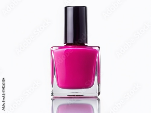 Pink Nail Polish Bottle: A vibrant, fuchsia pink nail polish bottle stands out against a reflective surface.  The square glass bottle showcases the rich color, highlighted by a sleek black cap.