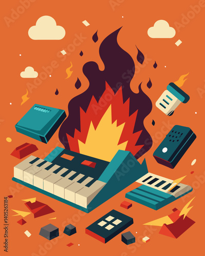 A the disintegrating keyboards smashed screens and burntout circuit boards a distinctive odor of burning plastic and metal hangs heavy in the air.. Vector illustration