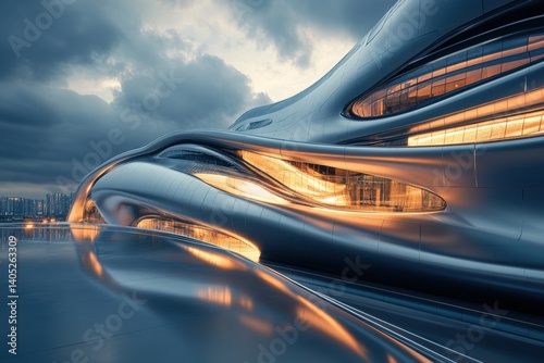 Futuristic metallic structure building against a dramatic sky.