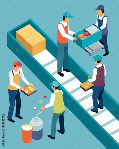 Using specialized equipment employees carefully separate plastic glass and metal items onto designated conveyor belts.. Vector illustration