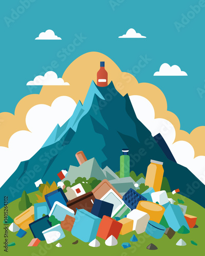 A mountainous heap of discarded products thrown away due to overproduction and lack of demand.. Vector illustration